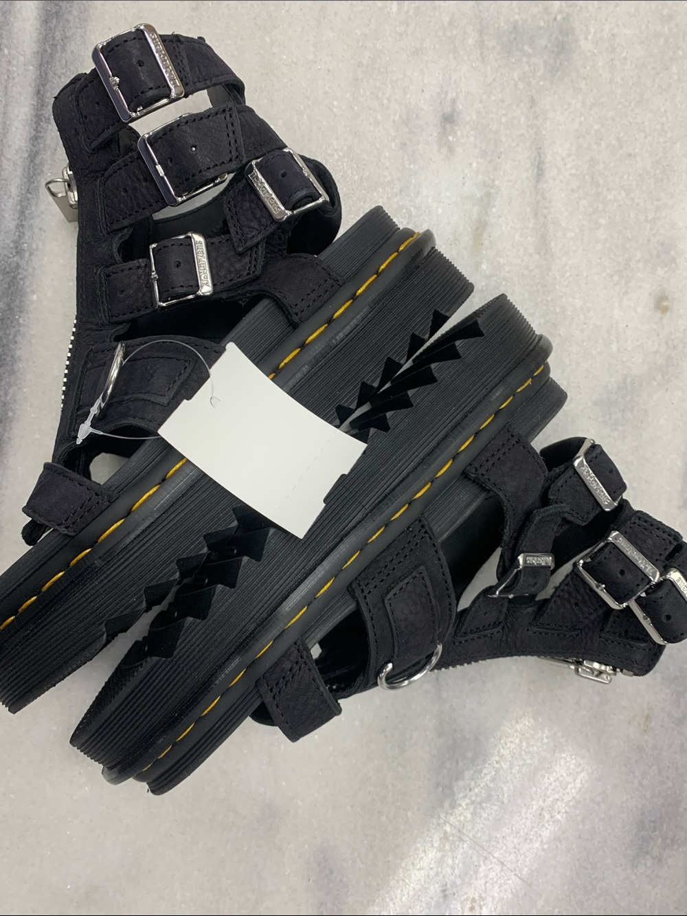 Dr. Martens Black Leather Gladiator Sandals with Yellow Stitching - Picture 2 of 7